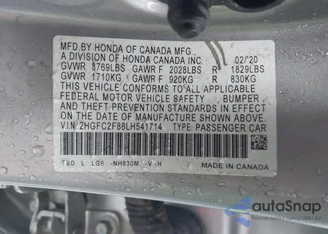 2020 Honda Civic Sport from USA, damaged, VIN 2HGFC2F88LH541714